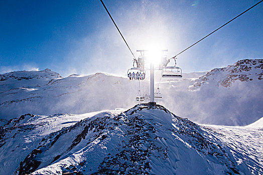法国阿尔卑斯山,法国,滑雪缆车,椅子,太阳