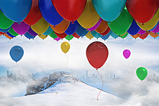 许多,彩色,气球,高处,雪