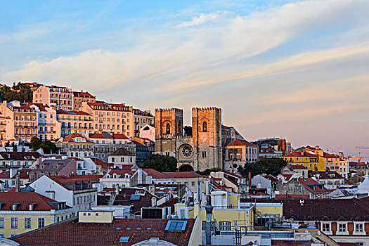 俯视,日光,屋顶,古建筑,阿尔法马区,地区,日落,里斯本,大教堂,葡萄牙