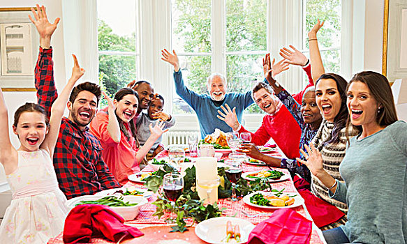 头像,热情,多种族,多口之家,圣诞晚餐,桌子
