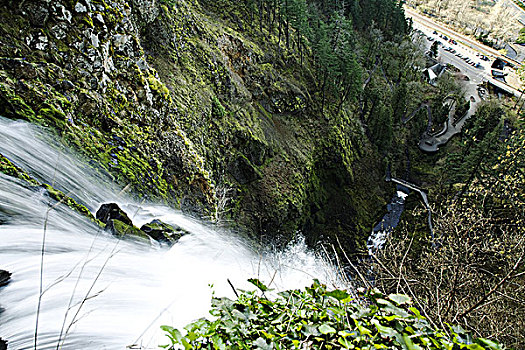 俄勒冈,哥伦比亚河峡谷国家风景区,马尔特诺马瀑布,视点,上面,瀑布,看,上方,悬崖