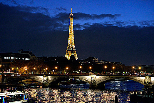 法国,巴黎,光亮,埃菲尔铁塔,风景,亚历山大三世,桥,夜晚