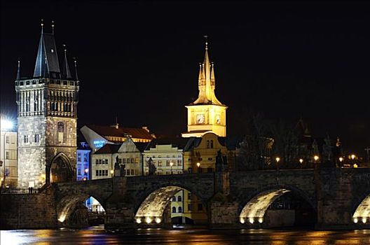 中心,布拉格,查理大桥,夜晚,捷克共和国,欧洲