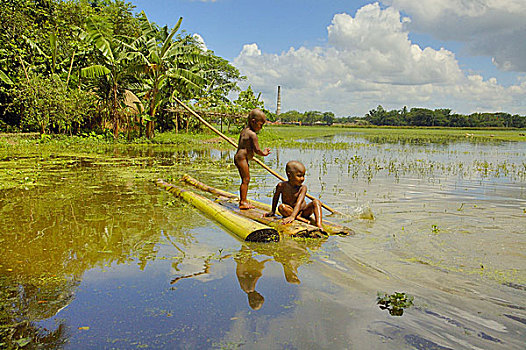 孩子,骑,香蕉,筏子,沼泽,孟加拉,六月,2007年