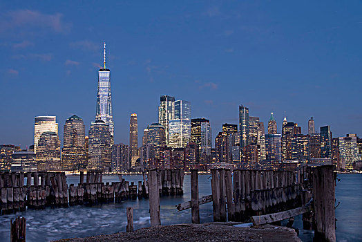夜景,曼哈顿,天际线,纽约,美国,炮台公园,新泽西,浮冰,哈得逊河