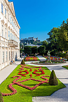 米拉贝尔,宫殿,花园,喷泉,霍亨萨尔斯堡城堡,城堡,背影,萨尔茨堡,奥地利,欧洲