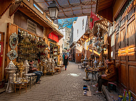 店,金属,铜,商品,狭窄,小巷,阿拉伯,市场,麦地那,摩洛哥,非洲