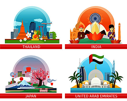 旅行,日本,泰国,印度,阿联酋,广告,旗帜,地标建筑,亚洲,景点,矢量,插画
