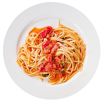 意大利面,辛辣,番茄酱,白色背景,盘子