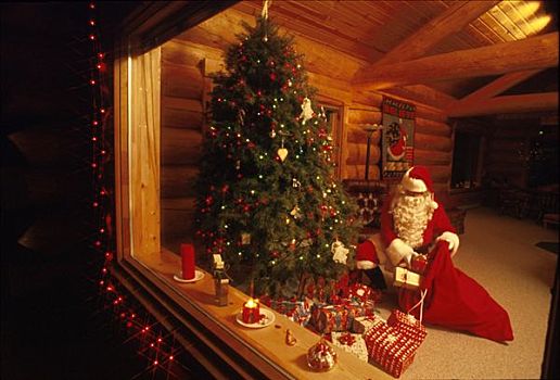 圣诞老人,给,礼物,圣诞树,冬天,小屋