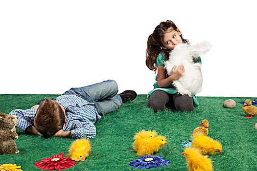 男孩,女孩,玩具,兔子,幼禽