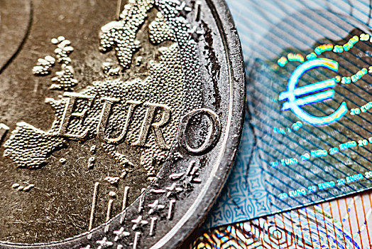 象征,静物,货币,欧元硬币,全息影像,欧元标志,20欧元,钞票,特写