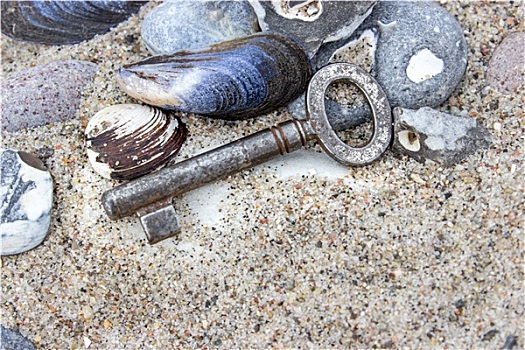 老,钥匙,石头,壳,海滩,沙子