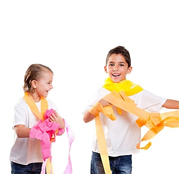 两个孩子,儿童,聚会,彩色,纸,带