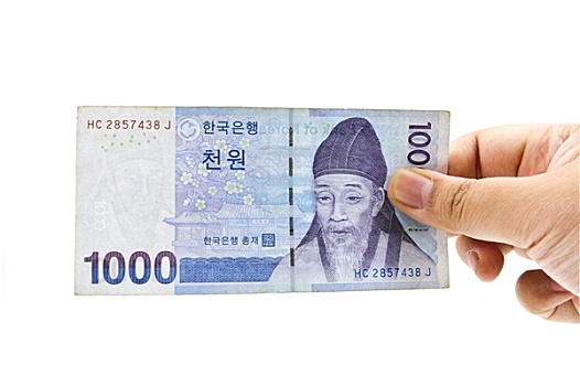 韩国,货币,钞票,拿着,隔绝,白色背景,背景