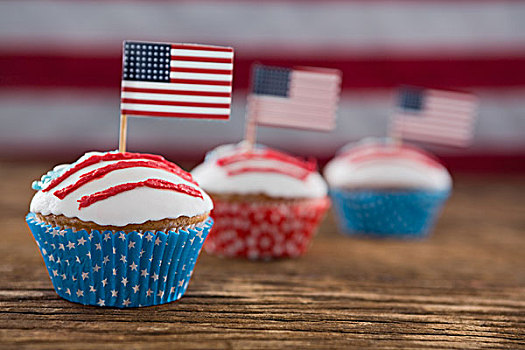 爱国,杯形蛋糕,美国国旗,特写,木桌子