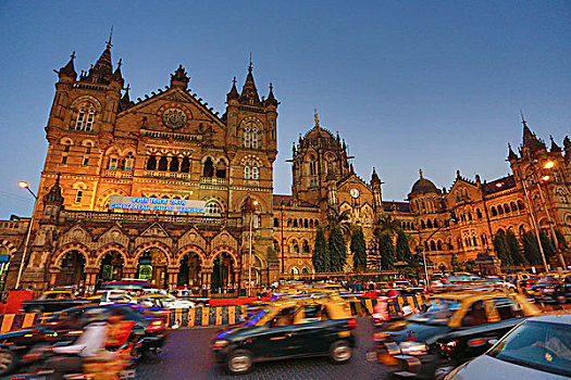 印度,孟买,街道,维多利亚站,日落