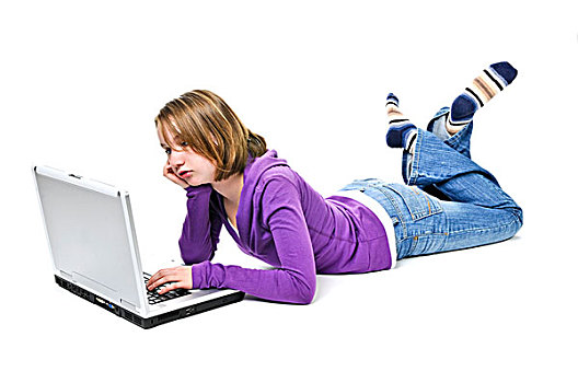 无聊,女孩,躺下,笔记本电脑