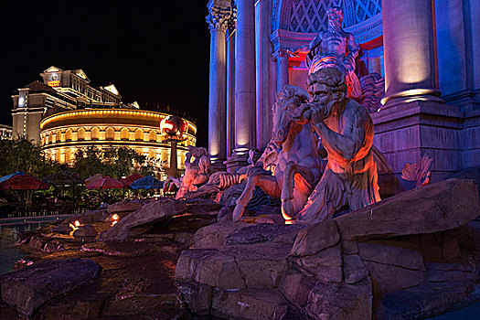 喷泉,仿制,凯撒皇宫酒店,后面,夜景,拉斯维加斯,内华达,美国,北美