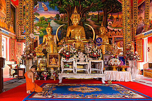 僧侣,新信徒,祈祷,正面,佛像,寺院,庙宇,清莱,北方,泰国,亚洲