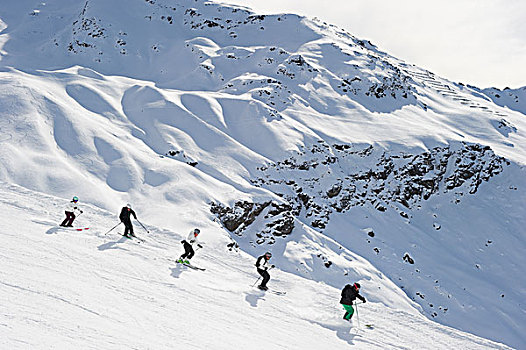 滑雪者,滑雪,一起,斜坡