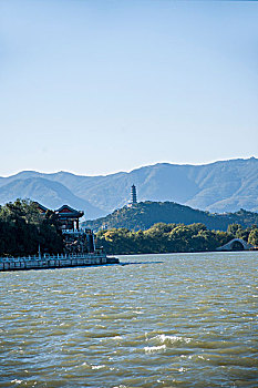 北京颐和园昆明湖畔眺望玉泉山