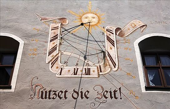 日晷,墙壁,上巴伐利亚,德国,欧洲