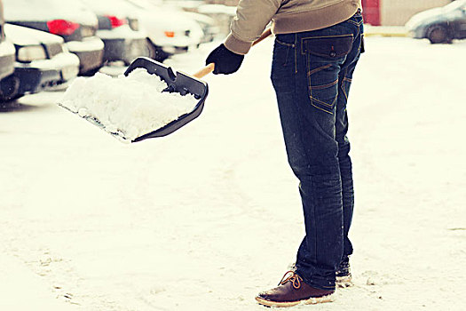冬天,清洁,概念,特写,男人,铲,雪,私家车道