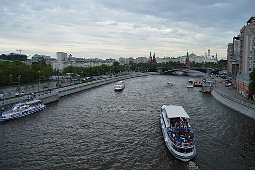 俄罗斯,莫斯科,船,莫斯科河,晚上,背景,克里姆林宫
