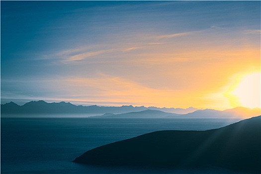 日出,上方,提提卡卡湖,玻利维亚