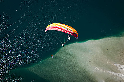 滑翔伞,滑伞运动,马焦雷湖,高兴,浴,船,高山湖,岸边,洛迦诺,瑞士,航拍,提契诺河