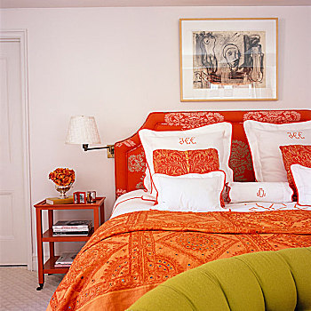 橙色,床,投掷,刺绣,亚麻布,彩色,协调,软垫,小