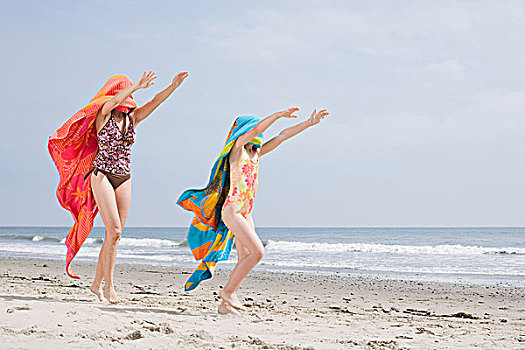 女人,女孩,海滩,毛巾,上方,头部