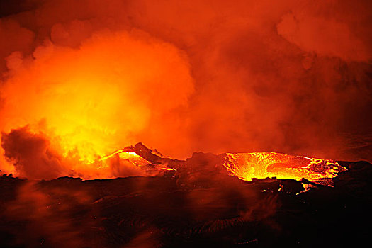 美国,夏威夷,夏威夷大岛,基拉韦厄火山,河,熔岩,飘动,海洋