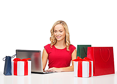 圣诞节,圣诞,网上购物,概念,女人,礼盒,包,笔记本电脑