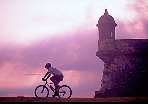 加勒比,波多黎各,莫罗城堡,骑自行车,老,圣胡安,日落