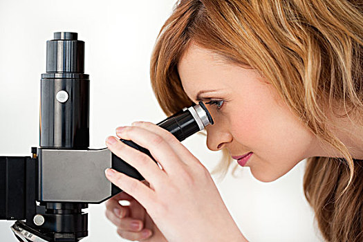 金发,科学家,看穿,显微镜,实验室