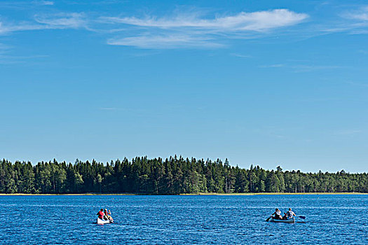 两个,独木舟,独木舟浆手,湖,史马兰,瑞典,欧洲