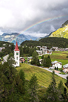 彩虹,上方,教会,乡村,山谷,恩加丁,瑞士