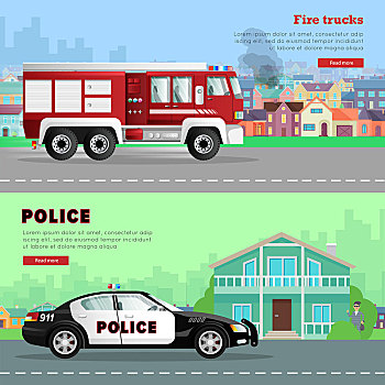 消防车,驾驶,警车,道路,燃烧,房子,背景,红色,运输,城市,途中,靠近,银行,盗窃,钱袋,隐藏,后面,树,绿色背景,矢量