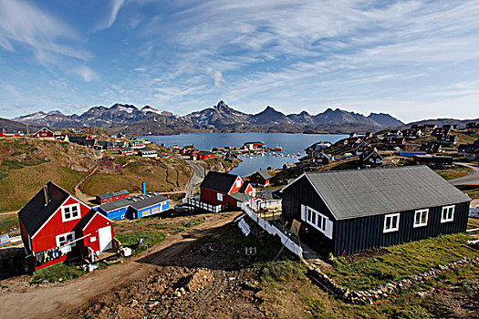 风景,城镇,山,背景,格陵兰