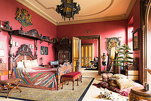 华丽,雕刻,床,红色,卧室,地毯