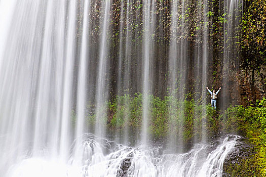 一个人,抬臂,后面,北方,中间,瀑布,银色瀑布州立公园,俄勒冈,美国