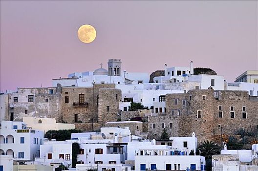 白房子,满月,粉色,夜空,上方,纳克索斯岛,城市,威尼斯,要塞,基克拉迪群岛,希腊,欧洲