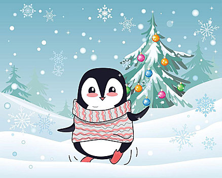 圣诞节,企鹅,矢量,插画,设计,有趣,警示,毛衣,跳舞,雪,下雪,靠近,圣诞树,彩色,玩具,寒假,心情,贺卡