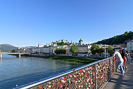 萨尔茨堡,喜爱,锁,桥,风景,老城,城堡,霍亨萨尔斯堡城堡,奥地利