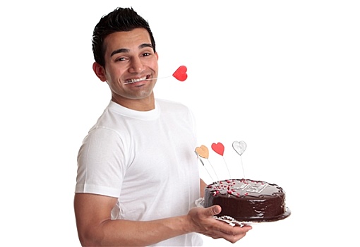 男人,拿着,美味,巧克力蛋糕,装饰,喜爱,心形