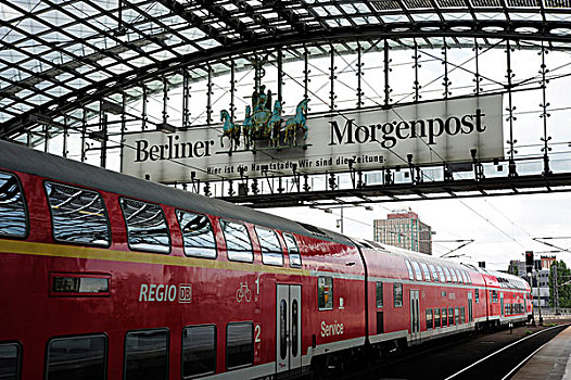 红色,列车,柏林,中央车站,德国,欧洲