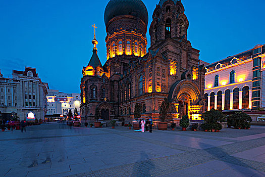 著名,哈尔滨,索菲亚,大教堂,夜晚,广场