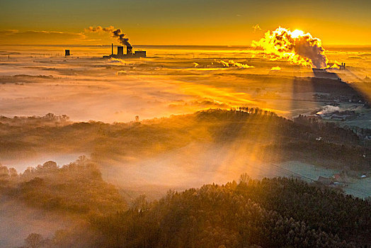 晨雾,上方,湿地,电厂,涡轮,火力发电站,日出,哈姆,航拍,鲁尔区